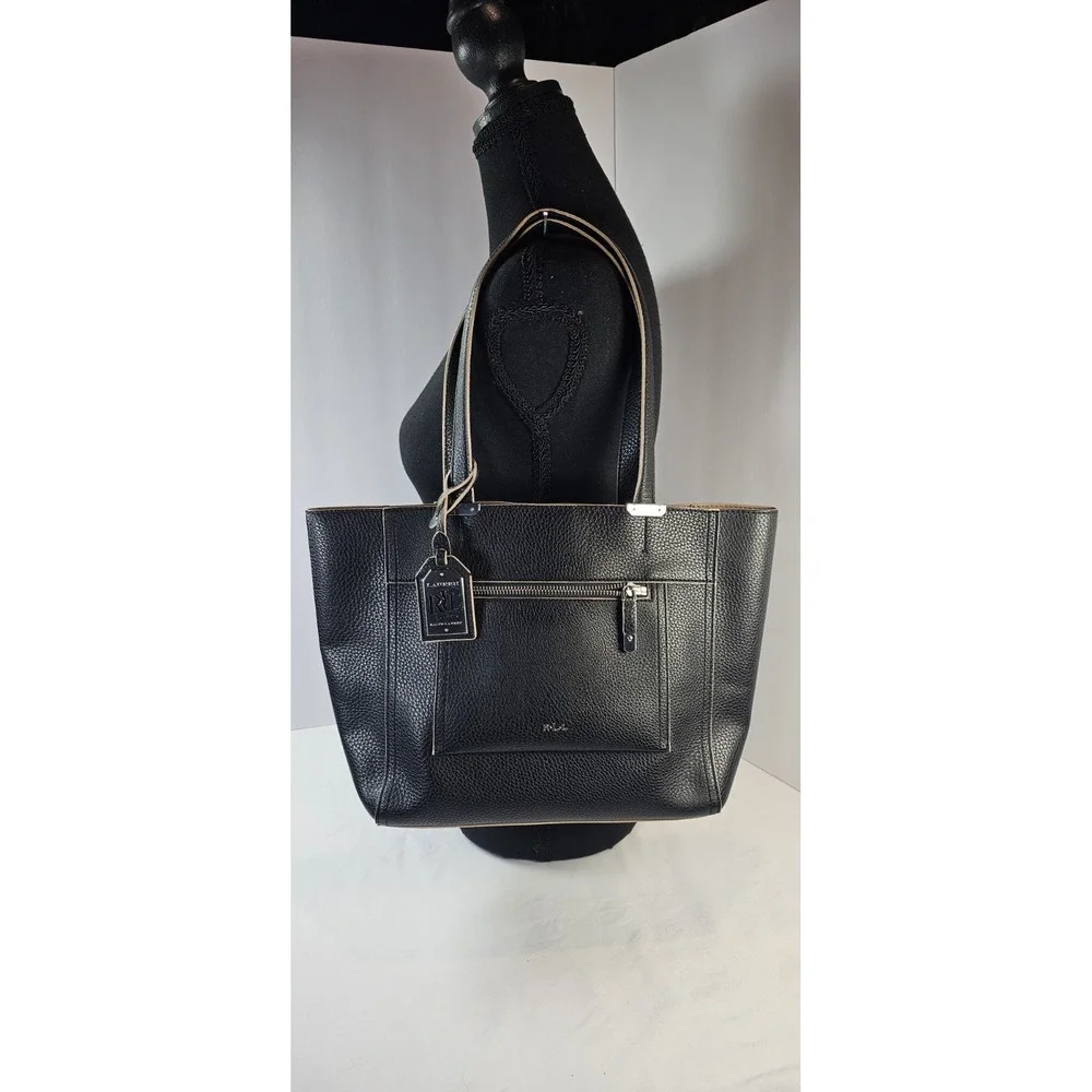 Lauren Ralph Lauren RLL Black Pebbled Leather Tote Zip Pocket Metal Feet
